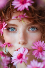 Wall Mural - A woman with red hair and blue eyes surrounded by pink flowers