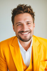 Poster - A man in a yellow suit smiling at the camera.