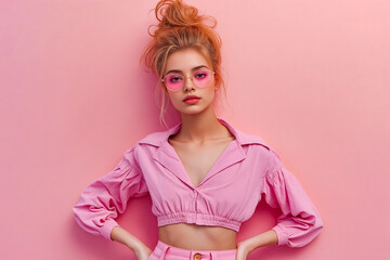 Poster - A woman in a pink shirt and pink pants posing for a picture