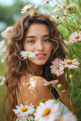 Poster - A woman in a field of daisies with her hair blowing in the wind