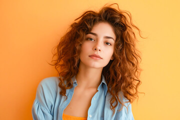 Wall Mural - A woman with long curly hair wearing a blue shirt.