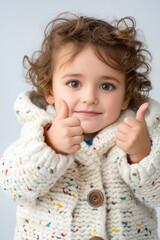 Canvas Print - A little girl with curly hair wearing a white sweater and giving a thumbs up