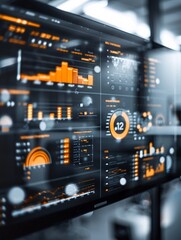 Poster - Business workspace with high-tech analytics dashboard on a large screen