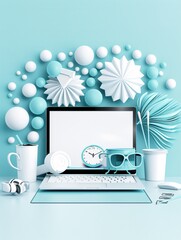 Poster - Minimalist soft-toned design with essential marketing equipment and a laptop screen, focusing on unique online advertising methods