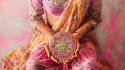 A woman in traditional Indian attire holds a beautiful mandala ornament, symbolizing culture, tradition, spirituality, and intricate craftsmanship. The vibrant colors and delicate details capture the 