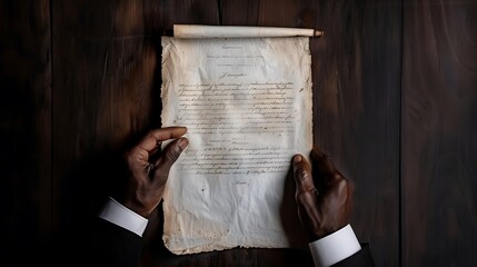 Wall Mural - A person's hand holding a document, symbolizing the power of law and justice in ending slavery