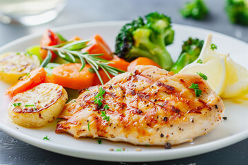 Wall Mural -  plate of food with chicken, broccoli, carrots, and lemon wedges. The chicken is grilled and the vegetables are seasoned