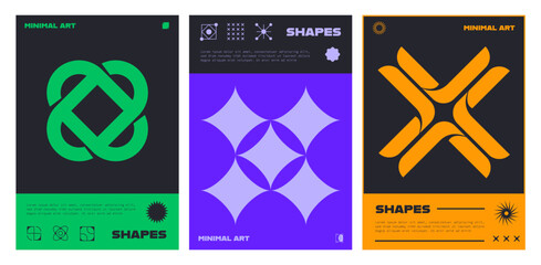 Aufkleber - Abstract y2k brutal posters with graphic shapes and patterns, brutalist style. Vector templates with minimalistic design, purple, orange or green colors, geometric shapes, minimal retro-futuristic art
