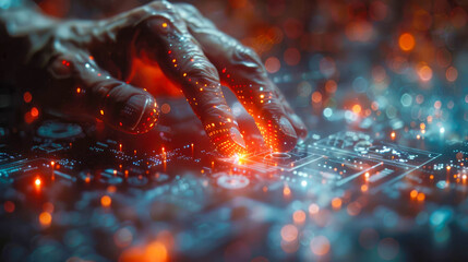 Poster - A hand interacts with a high-tech futuristic interface, featuring holographic data and glowing graphics on a dark background. Concept of technology and innovation
