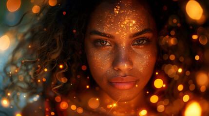 there is a woman with glitter on her face and a sparkley background