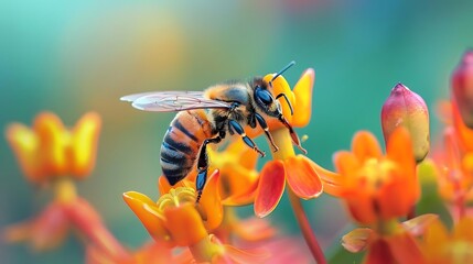 Wall Mural - A Bee Collecting Nectar from a Bright Orange Flower - Close-up Photography