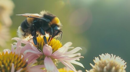 Wall Mural - Close-Up of Bumblebee Pollinating a Pink Flower with a Soft, Green Background - Photo