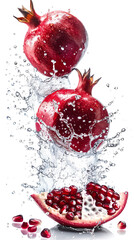 Canvas Print - Floating isolated whole pomegranate with water splash