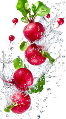 Wall Mural - Floating isolated whole radish with water splash,  slice on white background