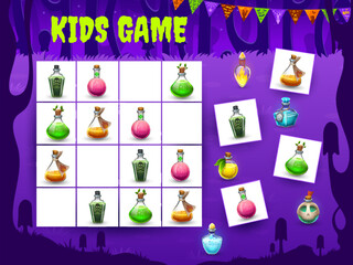 Aufkleber - Halloween kids sudoku game with potion bottles. Kids logic quiz, intelligence riddle or Halloween sudoku puzzle vector worksheet with magic potion flask and bottles on night forest meadow background