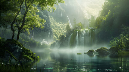 Wall Mural - there is a waterfall in the middle of a lake surrounded by trees