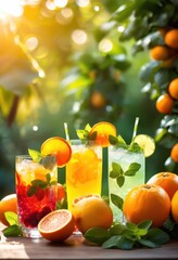 Wall Mural - vibrant colorful fruit infused beverages adorned fresh garnishes refreshing inviting presentation, infusion, drink, citrus, berry, tropical, herbal, mint