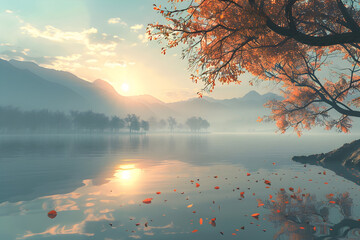 Sticker - Tranquil autumn lake scene with mountains in the background.