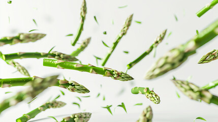 Wall Mural - Floating asparagus in air with whole asparagus bunch on white background