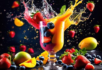 dynamic vibrant splash colorful smoothie captured showcasing kaleidoscope fruit infused tones whirls, motion, swirl, beverage, drink, liquid, refreshment