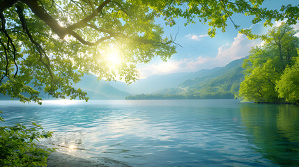 Wall Mural - there is a large body of water with trees and mountains in the background