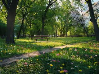 Wall Mural - Park Bench in a Spring Meadow Illustration