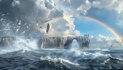 Dramatic seascape with a rainbow and seabirds flying over a rocky island arch.