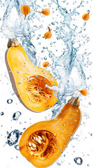 Canvas Print - Floating isolated whole butternut squash with water splash,