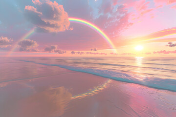 Wall Mural - Beautiful pink sunset over the ocean with a rainbow.