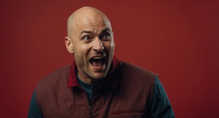 Poster - bald guy in plain red background looking happy amazed surpised wow shocked expression with copy space