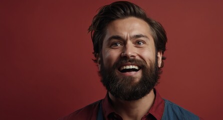 Wall Mural - bearded guy in plain red background looking happy amazed surpised wow shocked expression with copy space