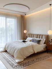 Wall Mural - there is a bed with a white comforter and a brown headboard