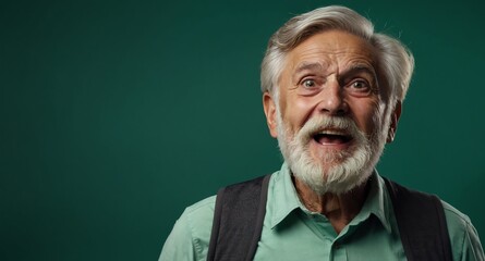 Wall Mural - elderly bearded guy in plain green background looking happy amazed surpised wow shocked expression with copy space