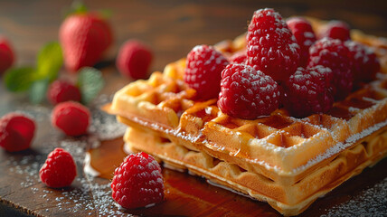 Waffles with ice cream, berries, syrup.