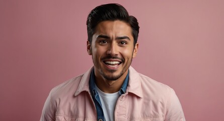 Poster - handsome hispanic guy in plain pink background looking happy amazed surpised wow shocked expression with copy space