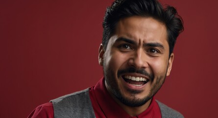 Wall Mural - hispanic guy in plain red background looking happy amazed surpised wow shocked expression with copy space