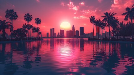 Wall Mural - Vaporwave-inspired city skyline at sunset, with silhouetted palm trees and reflective water, capturing a retro aesthetic.