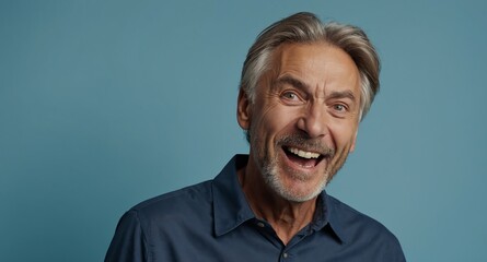 Wall Mural - mature caucasian guy in plain blue background looking happy amazed surpised wow shocked expression with copy space