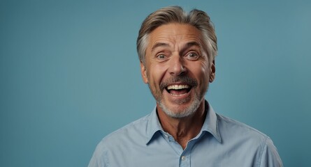 Poster - mature caucasian guy in plain blue background looking happy amazed surpised wow shocked expression with copy space