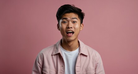 Wall Mural - teen asian guy in plain pink background looking happy amazed surpised wow shocked expression with copy space