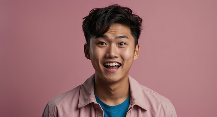 Poster - teen asian guy in plain pink background looking happy amazed surpised wow shocked expression with copy space