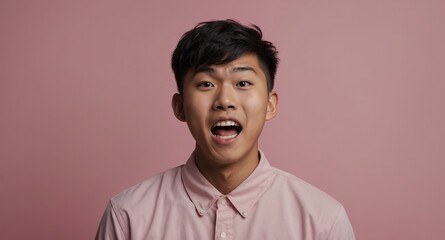 Wall Mural - teen asian guy in plain pink background looking happy amazed surpised wow shocked expression with copy space