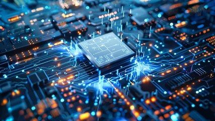 Poster - Close up of an advanced microchip with data flowing through it