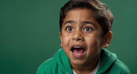 Poster - young hispanic kid boy in plain green background looking happy amazed surpised wow shocked expression with copy space