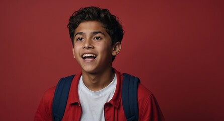 Wall Mural - young hispanic teen boy in plain red background looking happy amazed surpised wow shocked expression with copy space