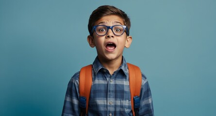 Wall Mural - young nerd kid boy in plain blue background looking happy amazed surpised wow shocked expression with copy space