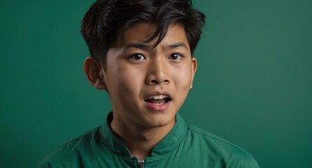 Wall Mural - young teen asian boy in plain green background looking happy amazed surpised wow shocked expression with copy space