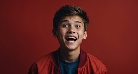 Wall Mural - young teen boy in plain red background looking happy amazed surpised wow shocked expression with copy space