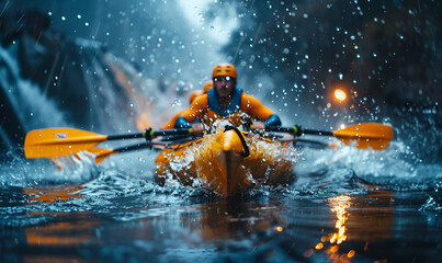 Wall Mural - there is a man in a kayak paddling through the water