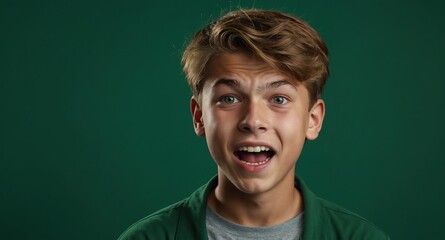 Poster - young teen caucasian boy in plain green background looking happy amazed surpised wow shocked expression with copy space